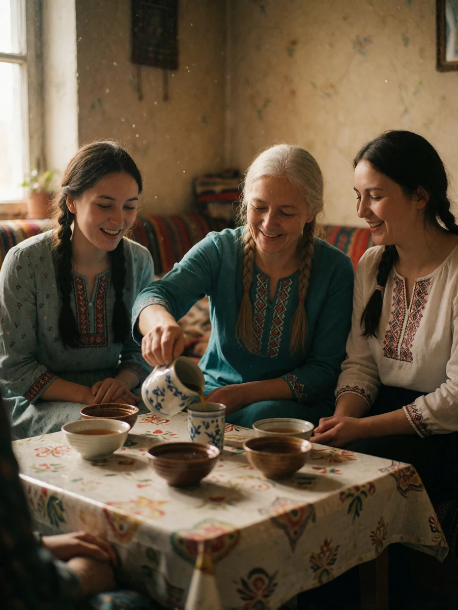 Small family gathering in Kazakhstan sharing tea around a low table in a warm, softly lit room
