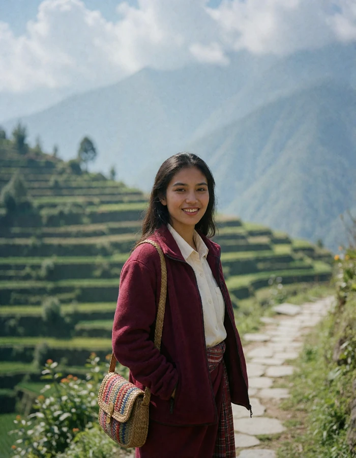 Nepali woman in a burgundy fleece pausing on a hillside trail above green terraced fields