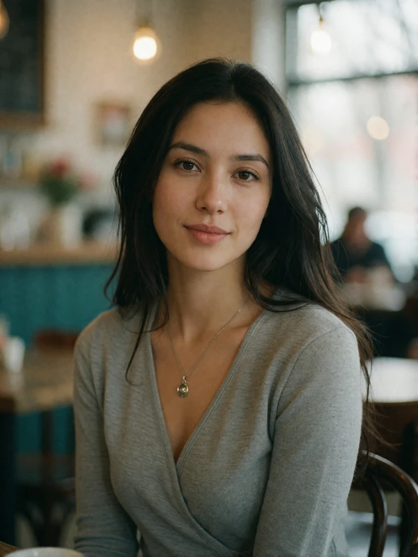 Kyrgyz woman in her late twenties in a soft grey wrap top seated in a bright café