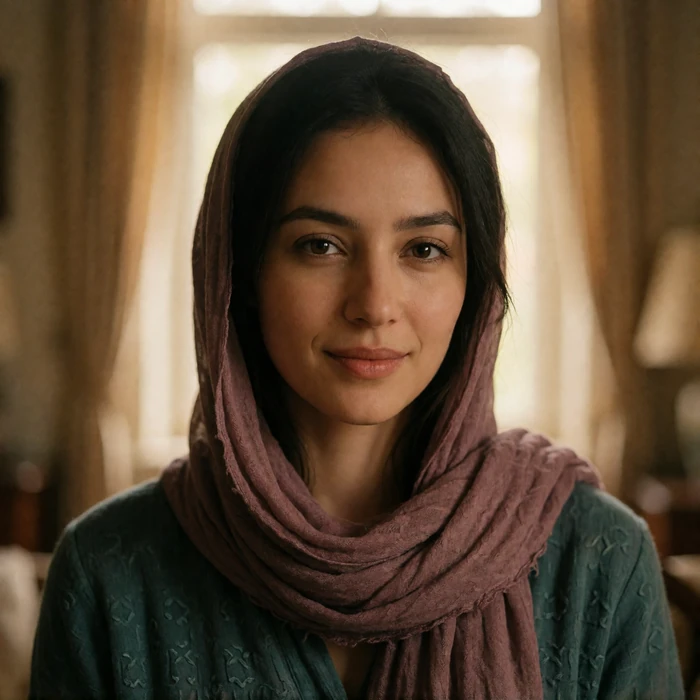 Tajik woman in her early thirties with a softly draped mauve headscarf smiling gently indoors