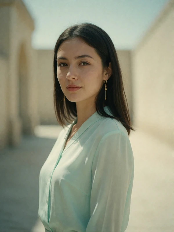 Burmese woman in a soft sage garment looking thoughtfully off camera