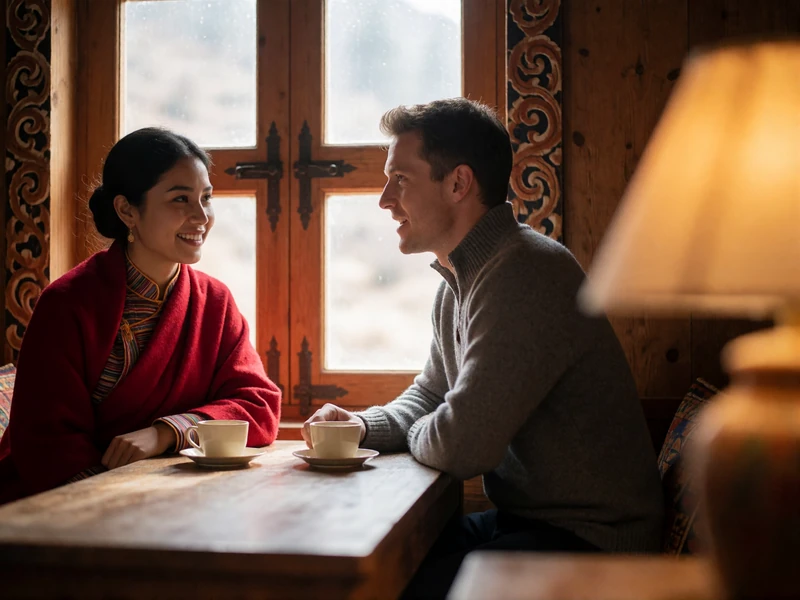 Couple sharing tea at a low table beside a carved timber window in a mountain lodge