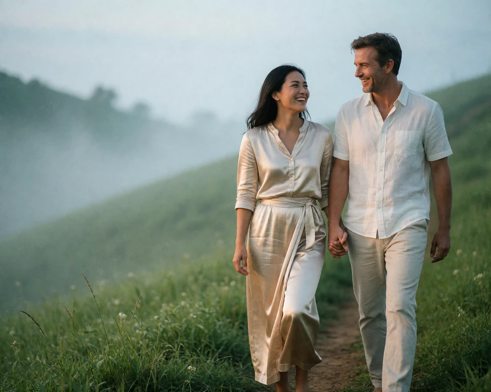 Laotian woman and Western man walking together along a green hillside path in soft morning light
