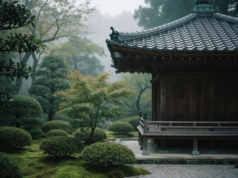 Traditional wooden pavilion beside a moss garden with raked gravel and a small maple in soft mist