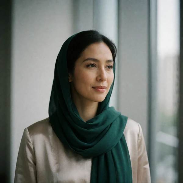 Bruneian woman in a deep emerald scarf standing near a window in a calm contemporary interior