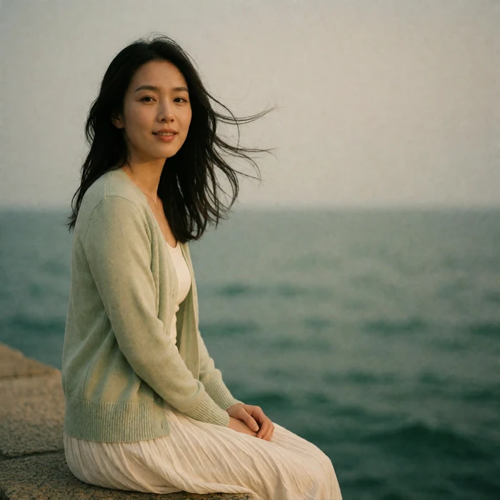 Taiwanese woman in a sage cardigan sitting by the sea with a gentle reflective smile