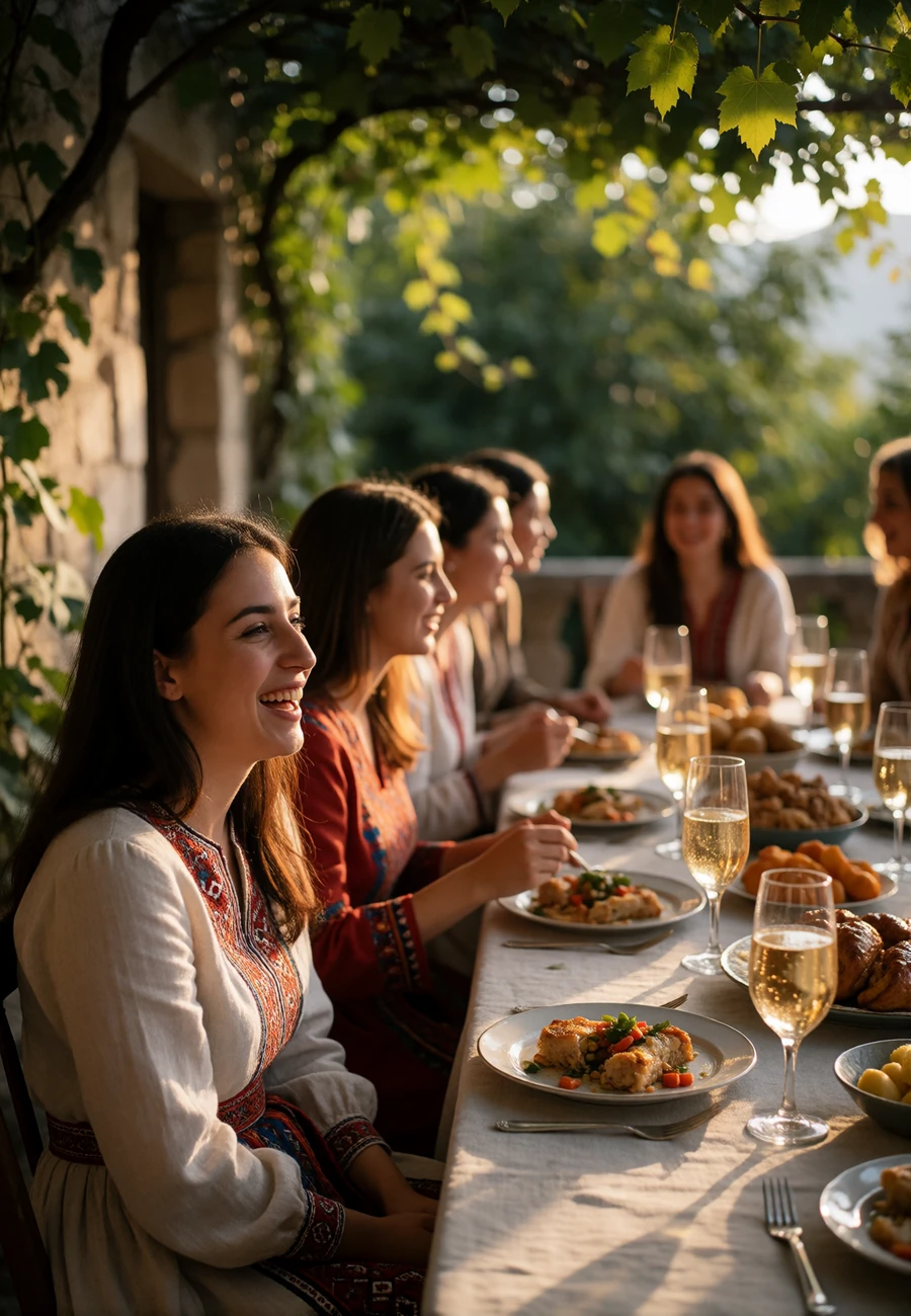 Armenian women in warm-toned clothing sharing a joyful family gathering at an outdoor table
