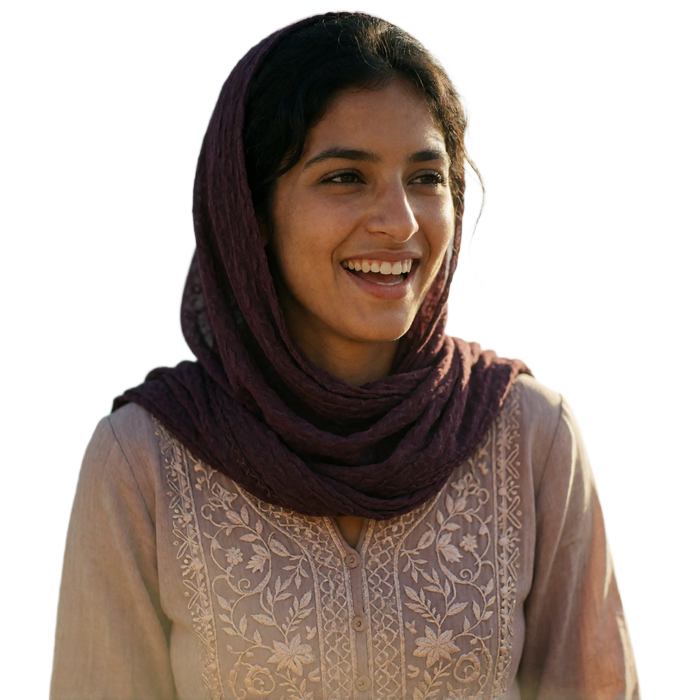 Yemeni woman in a deep plum headscarf laughing warmly during a conversation