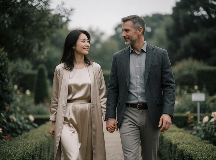 Japanese woman and Western man walking together along a quiet garden path in soft daylight