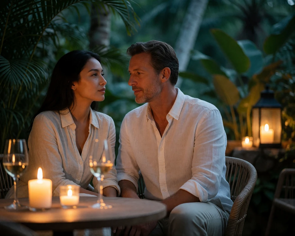 Indonesian woman and Western man seated at a candlelit open-air terrace dinner, leaning in during relaxed conversation