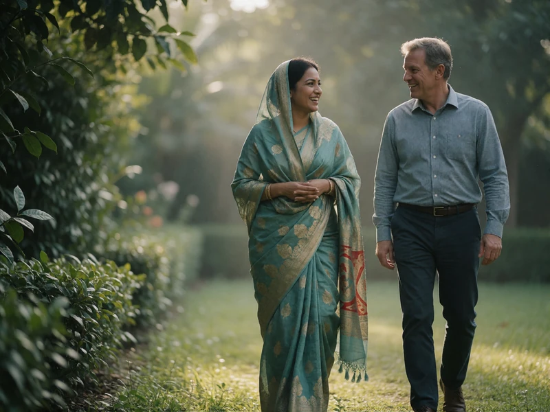 Bangladeshi woman and Western man walking side by side along a green garden path in soft morning light