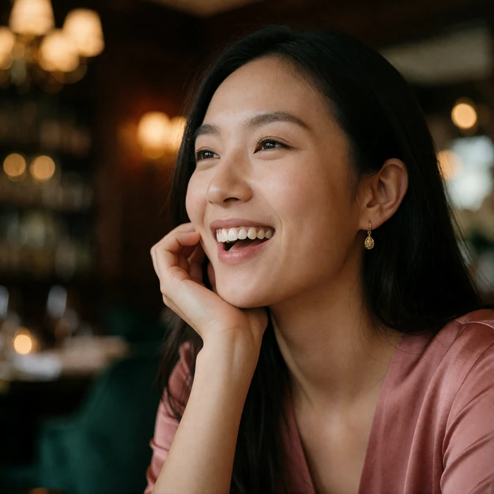 Chinese woman in a rose-toned silk top laughing warmly in a softly lit restaurant