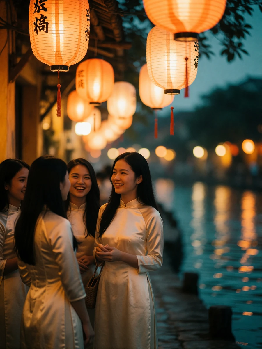 Vietnamese women in traditional silk dresses sharing a joyful moment on a lantern-lit riverside street