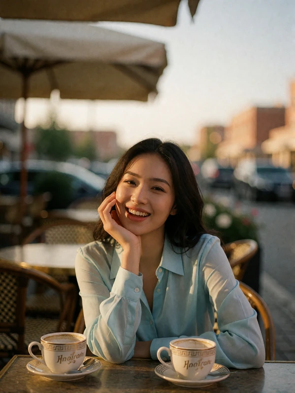 Mongolian woman in a pale blue shirt laughing softly at an outdoor cafe table