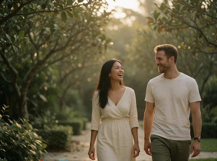 Malaysian woman and Western man walking together along a tree-lined garden path, both laughing