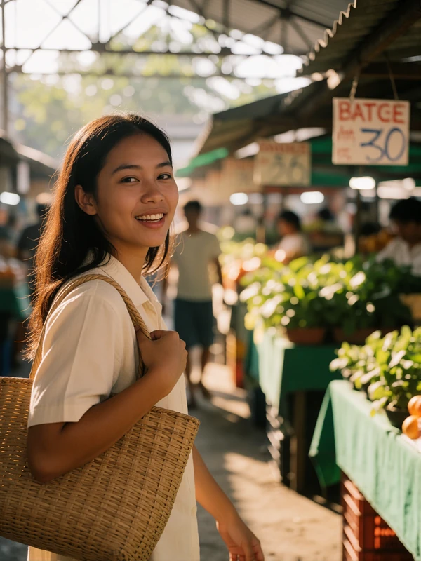 Filipina woman carrying a woven bag through an open-air market aisle in bright morning light