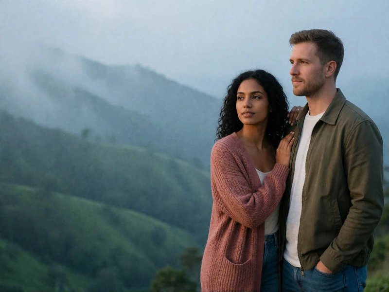 Sri Lankan woman and Western man standing at a viewpoint over misty green hill country