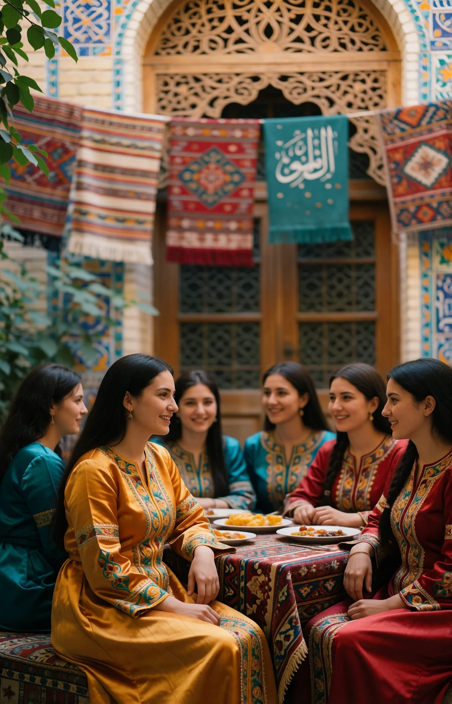 Uzbek women in traditional embroidered silk dresses gathered warmly around a table during a family celebration