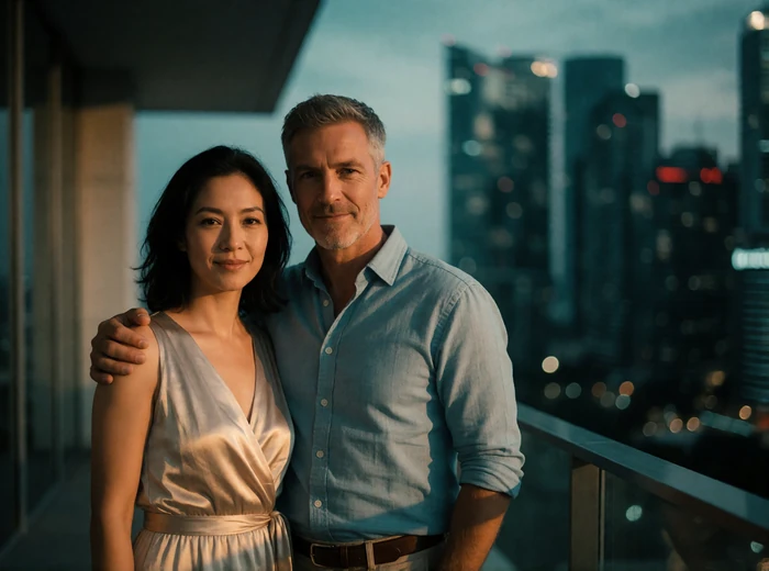 Singaporean woman and Western man standing together on an open terrace at blue hour with a city skyline behind them