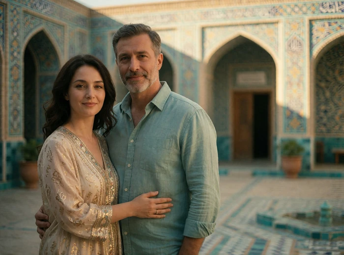 Uzbek woman and Western man standing together in a sunlit tiled courtyard