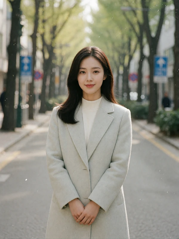 Korean woman in her late twenties in a pale grey coat on a quiet tree-lined street