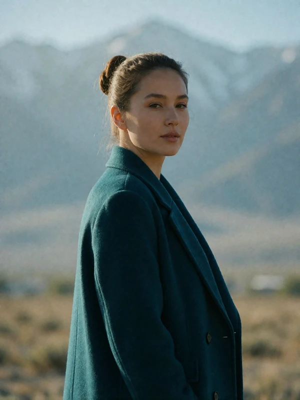 Kyrgyz woman in her early thirties in a deep teal coat standing outdoors with mountains behind her