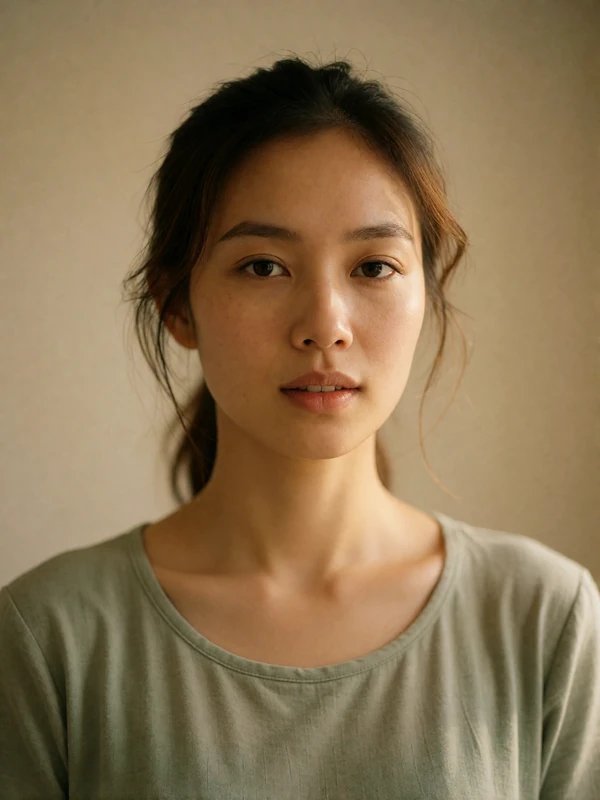 Vietnamese woman in a sage top with hair tied back, photographed against a plain warm neutral wall