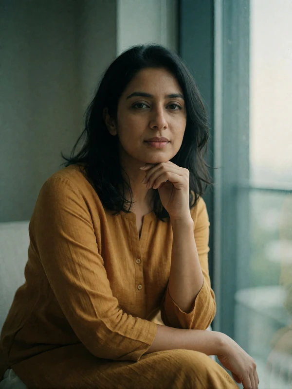 Indian woman around thirty in a mustard kurti seated near a window with a calm gaze