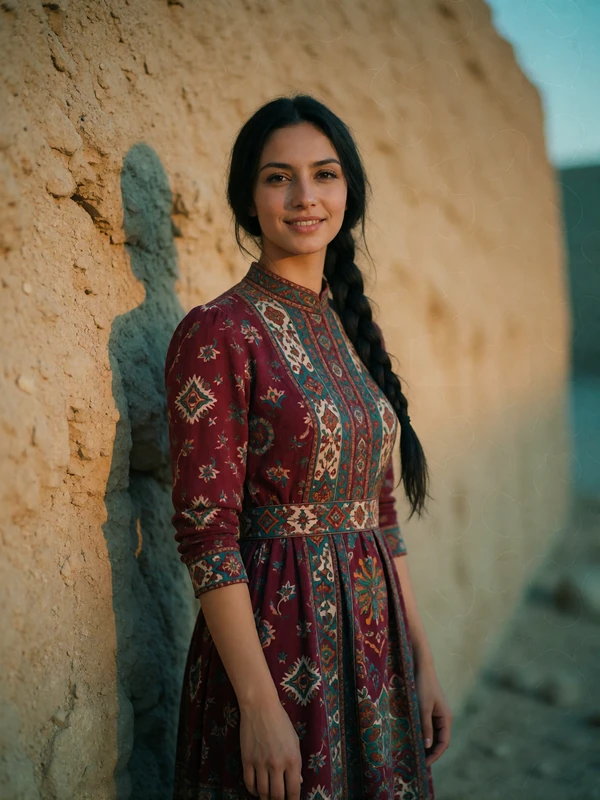 Turkmen woman in a richly patterned burgundy dress standing beside a sandstone wall