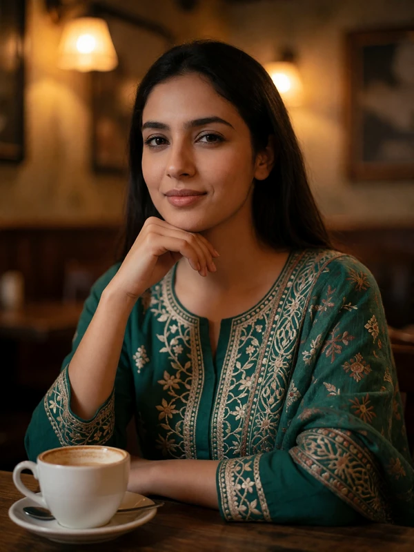 Pakistani woman in a modest embroidered top resting her chin on her hand at a quiet café table