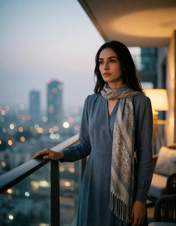 Afghan woman in her early thirties in a slate-blue dress on a modern apartment balcony at dusk