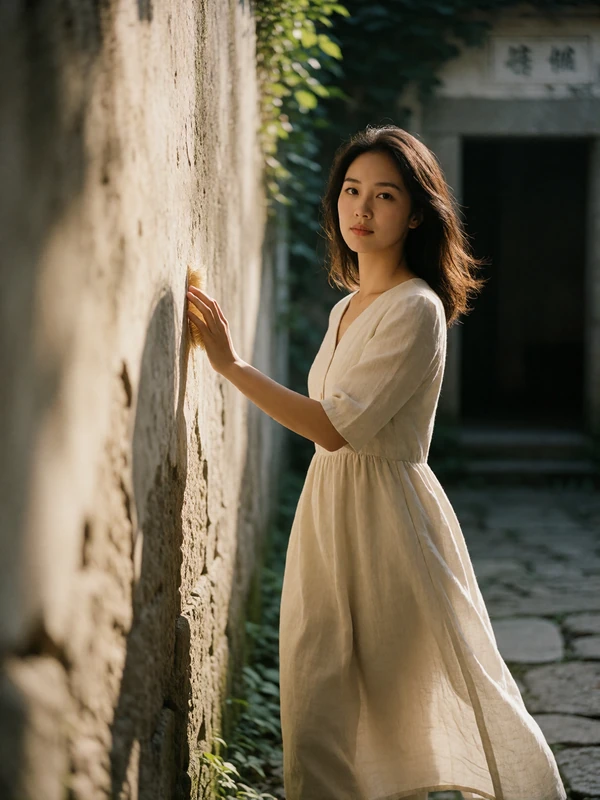 Taiwanese woman in a linen dress walking through an old stone courtyard in Tainan