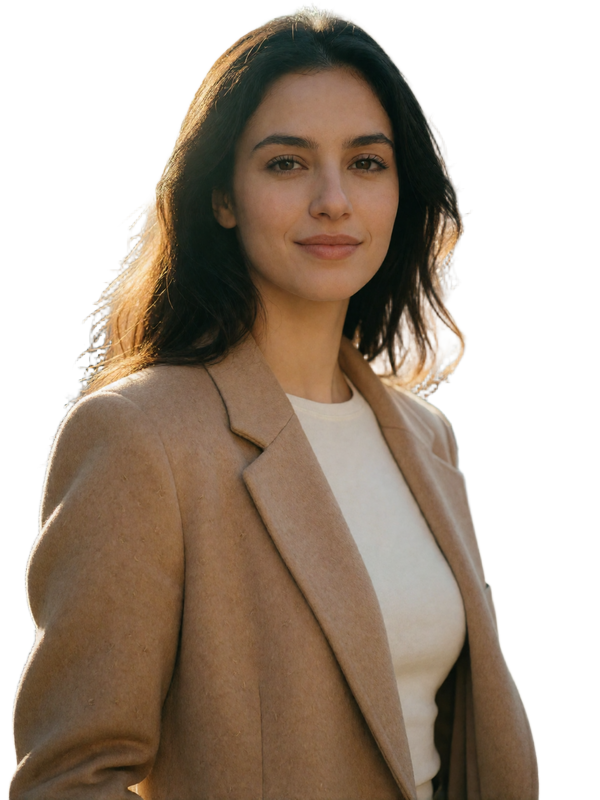 Jordanian woman in a camel blazer smiling in warm city daylight, an example EasternSingles member profile photo