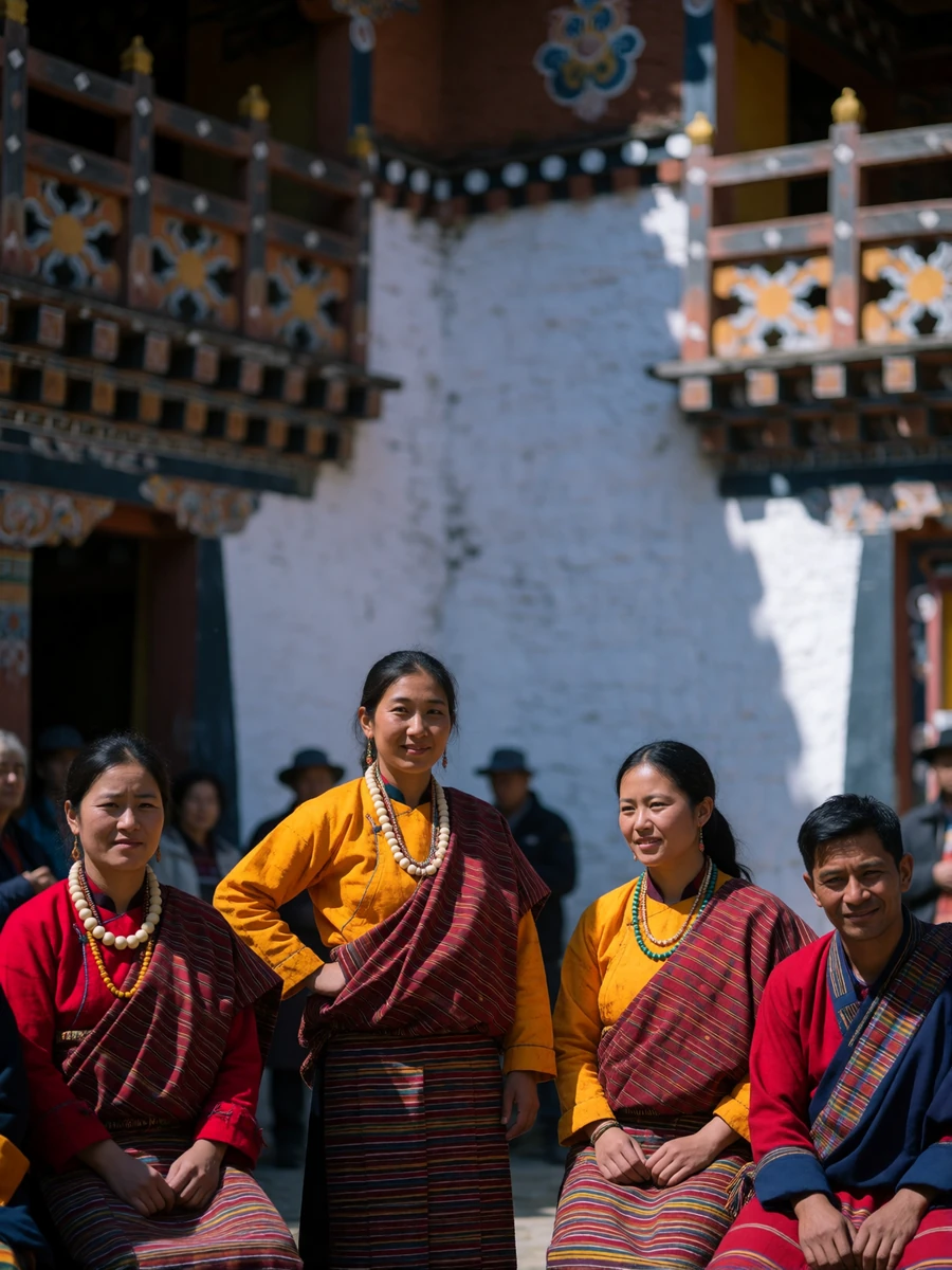 Bhutanese community members in richly woven traditional dress gathered in a monastery courtyard during a festival