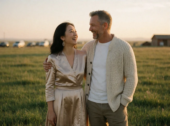 Mongolian woman and Western man laughing together on open grassland at golden hour