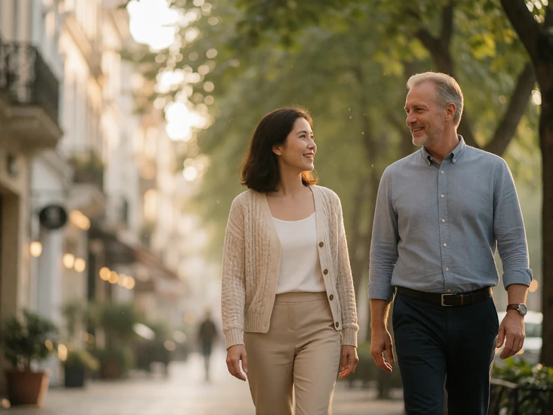 Vietnamese woman and Western man walking side by side along a tree-lined avenue in soft morning light
