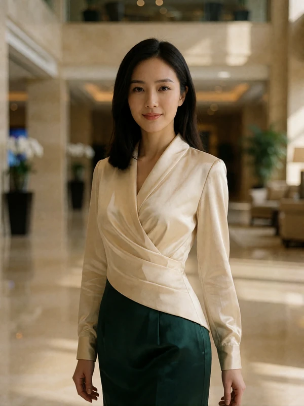 Chinese woman in a fitted cream blouse standing in a spacious hotel lobby