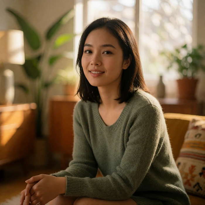 Vietnamese woman in her early thirties sitting calmly in a modern living room with hands folded