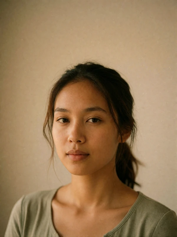 Filipina woman in a sage top with hair tied back, photographed against a plain warm neutral wall