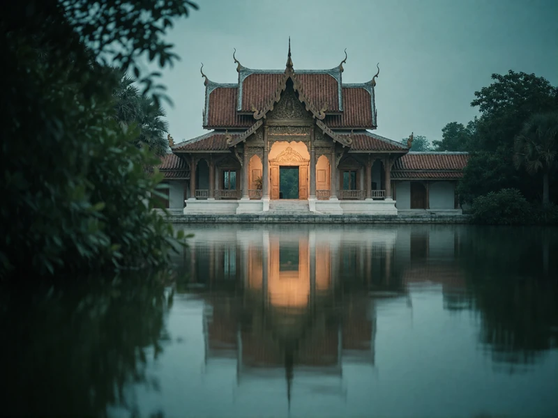 Classical wooden temple with upturned eaves glowing warmly across a still lake at evening