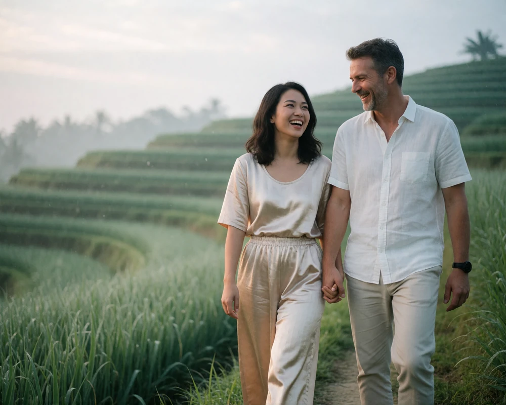 Smiling Indonesian woman and Western man walking together beside green terraced rice fields in soft morning light