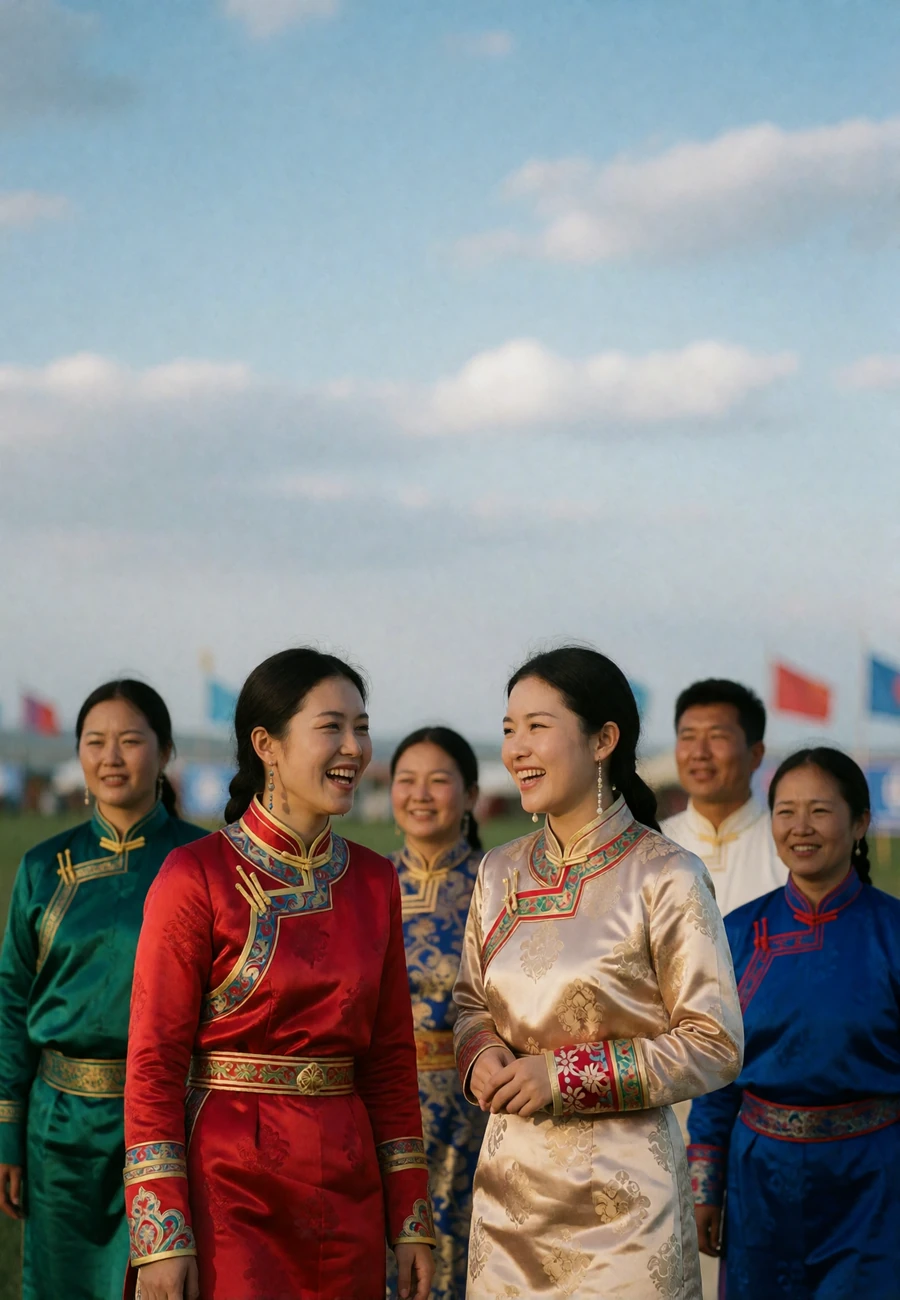 Mongolian women in colourful traditional deel robes laughing together during an open-air summer gathering