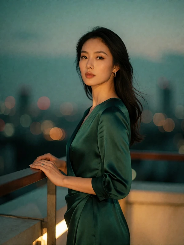 Chinese woman in an emerald silk dress on a rooftop terrace at dusk