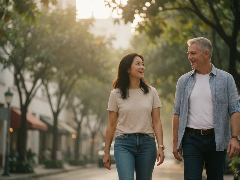 Filipina woman and Western man walking side by side along a tree-lined city street in soft morning light