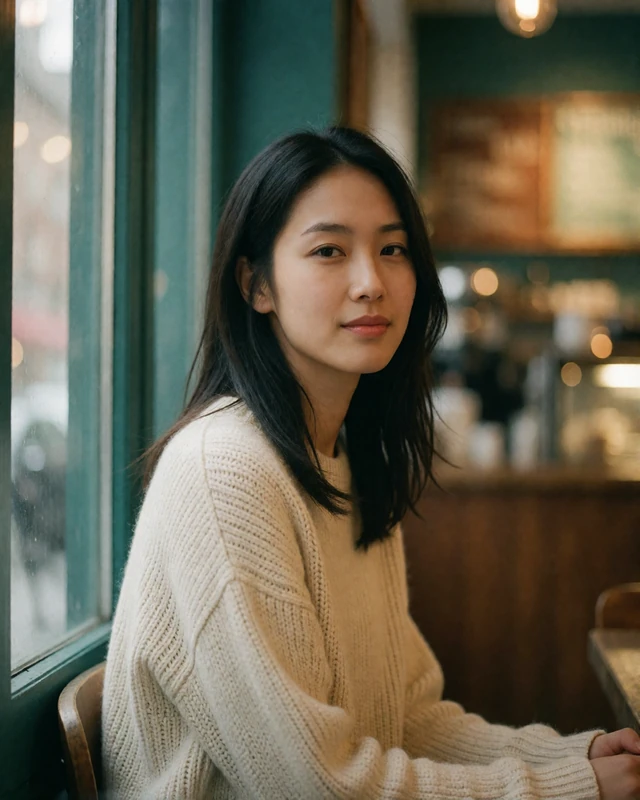 Young Asian woman in a cream knit sweater smiling by a café window, an example of an EasternSingles member profile photo