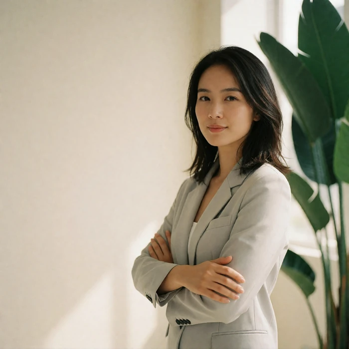 Confident Taiwanese woman in a grey blazer standing in a bright minimalist studio, an independent professional member