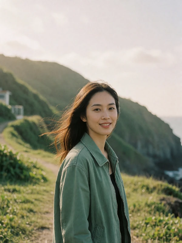 Taiwanese woman in a sage jacket on a grassy coastal bluff near Hualien with hair in the wind