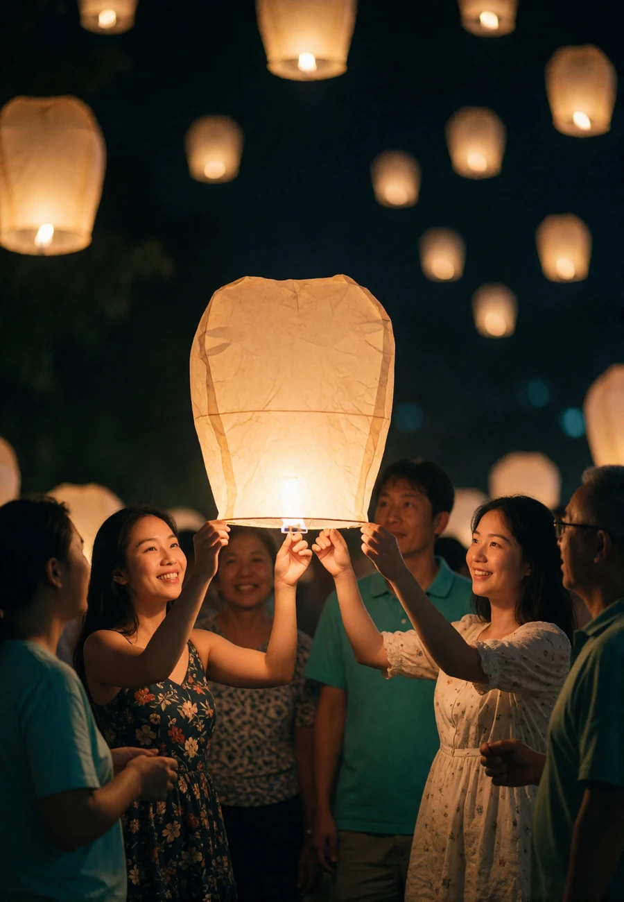 Taiwanese women releasing a glowing paper lantern together during an evening lantern festival