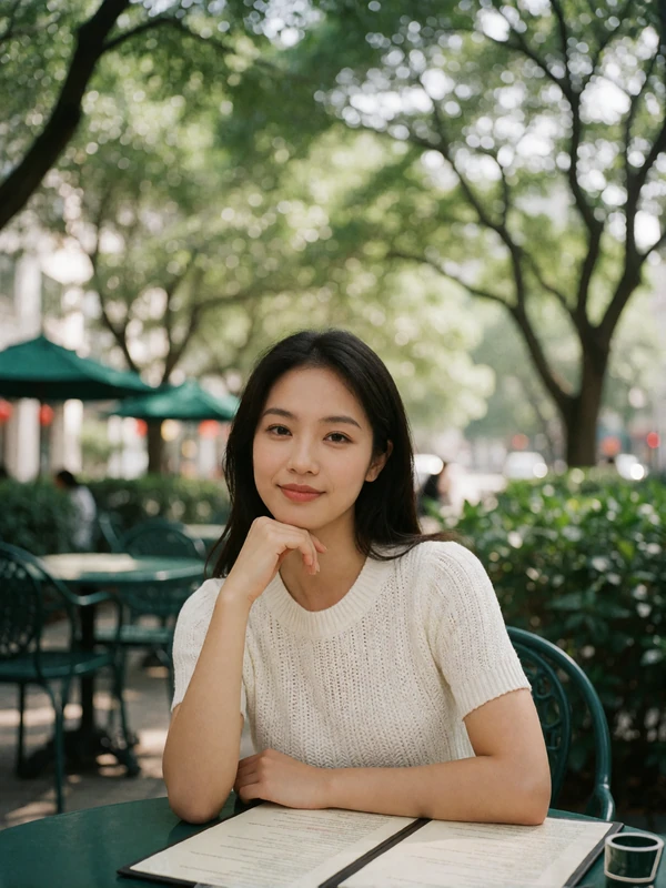 Taiwanese woman in a white knit top at an outdoor cafe table in a leafy Taichung plaza